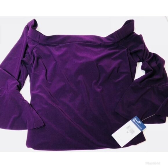 Chaps Womens Purple Off Shoulder Elbow Bell Sleeve Slip On Dress Sz M New - Picture 3 of 8